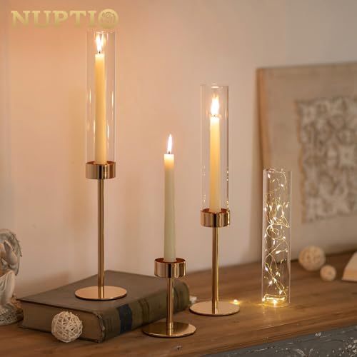 NUPTIO Hurricane Candlestick Holders for Centerpiece, Taper Candle Holders - color: Gold - Clear, size: 3pcs
