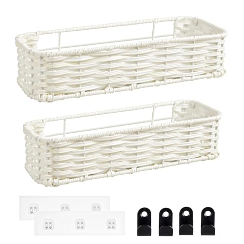 Hanging Wall Basket, Adhesive Wall-Mounted Organizer for Storage, Plastic Wicker Woven Storage Shelves for Kitchen, Bedroom, Bathroom, Livingroom, 2-Pack, Off White Color - color: Off White