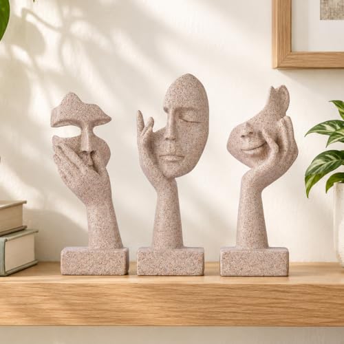 3 Pcs Thinker Statue - Resin Art Abstract Home Accent Figurines for Decor Apartment Bookshelf Floating Shelf Living Room Coffee Table Office Desk Counter Decor (3 Pcs Sandstone, 6") - color: 3 Pcs Sandstone, size: 6"
