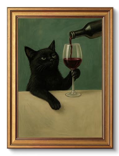 Vintage Gold Framed Wall Art Eclectic Black Cat with Wine Glass Prints - color: Drinking cat, size: 16"x24"