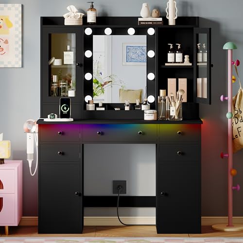 Xixini 44" Vanity Desk with Mirror & Lights, Glass Storage Cabinets, Black - color: Black