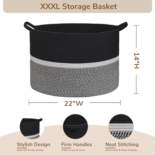CHICVITA Extra Large Woven Rope Blanket Basket with Handles, Black - color: Black and Gray