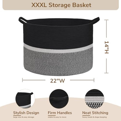 CHICVITA Extra Large Woven Rope Blanket Basket with Handles, Black - color: Black and Gray