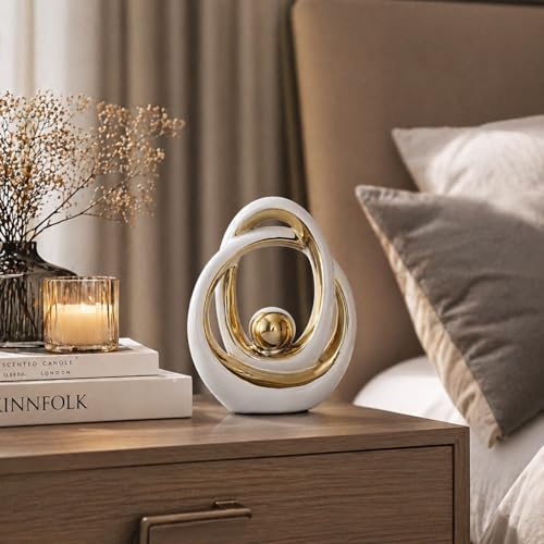 White and Gold Ceramic Abstract Sculpture for Home Decor, Modern Loop Art Tabletop Decorative Object for Entryway Table, TV Stand, Mantel, Coffee Table Centerpiece