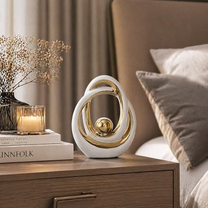 White and Gold Ceramic Abstract Sculpture for Home Decor, Modern Loop Art Tabletop Decorative Object for Entryway Table, TV Stand, Mantel, Coffee Table Centerpiece