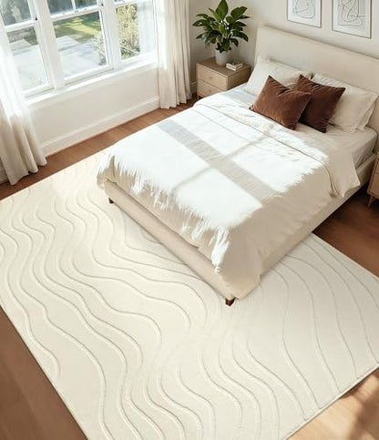 YIHOUSE 6x9 Abstract Wave Striped Area Rug, Modern Washable High-Low Pile Rug, Soft Textured Carpet for Living Room, Bedroom,Dining Room, Beige Ivory White - size: 6' x 9'