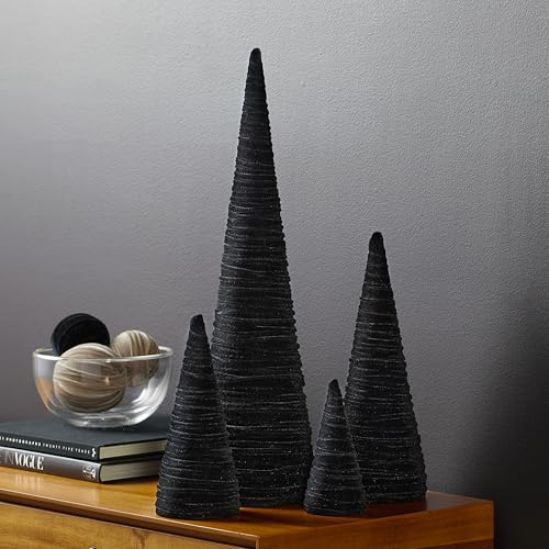 Your Heart's Content Velvet Trees Set of 4 Black, Winter Mantel Accent, Navidad Tabletop Tree, Wedding Centerpiece, Cozy Handcrafted Gift, Bookcase, Classic Valentine (Black) - color: Black