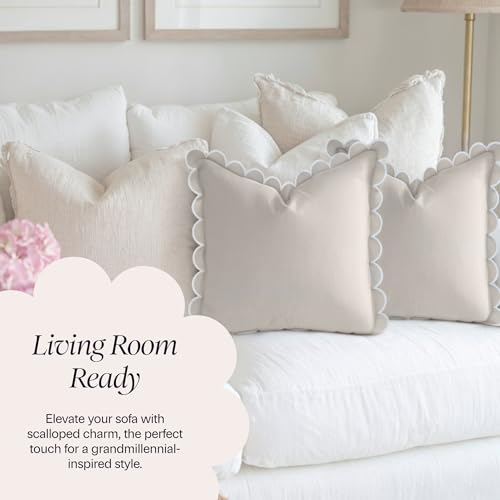 BEBE BASK Scalloped Pillow Cover Set of 2, 18x18, Cotton - Natural - color: Natural/White