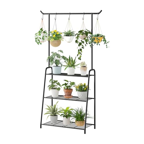 Kitsanery Plant Stand Indoor Outdoor,Metal Plant Stands for Multiple Plants,3 Tier Tall Hanging Plant Shelf,Large Heavy Duty Flower Holder Ladder Plant for Living Room, Patio, Balcony (Black) - color: Black