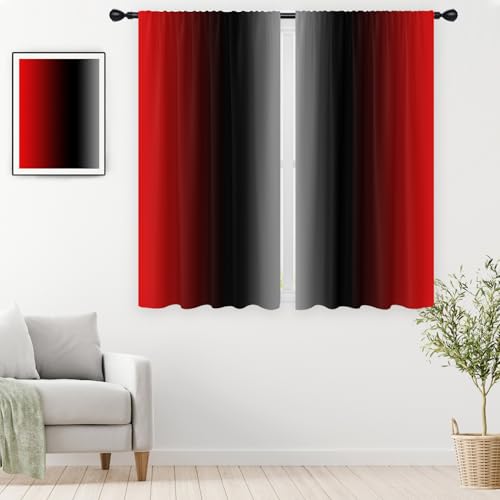 Red and Black Curtains Ombre Burgundy Grey Gradient Gothic Goth Cool Mens Dark Spooky Design 42W x 63L Inches Rod Pocket for Bedroom Living Dining Room Window Drapes Treatment Fabric 2 Panels - color: Black and Red, size: 42"W x 63"L (Pack of 2)
