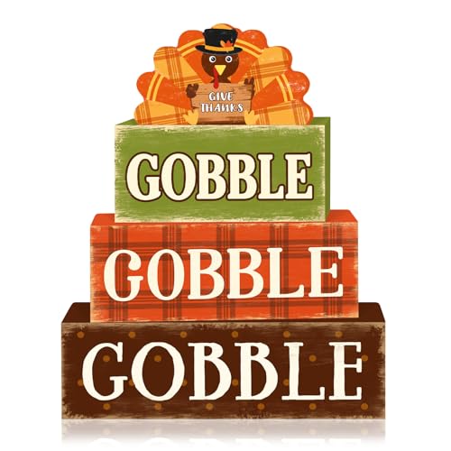 Britimes Tiered Tray Decor Set, 4 Pack, Wooden, Thanksgiving Turkey - style: Gobble Turkey