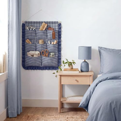 Amyhill Gingham Wall Hanging Organizer with Pocket Ruffled, Navy Blue - color: Navy Blue