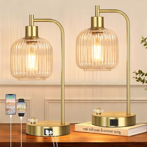 Clear Glass Table Lamps Set of 2, Dimmable Bedside Lamps for Living Room - color: ‎Gold&‎Clear