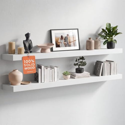 Homeforia 48 Inch Floating Shelves, High-End Solid Pine Wood, Set of 2 - color: Classic White - Soft Neutral Satin, size: 48 inch