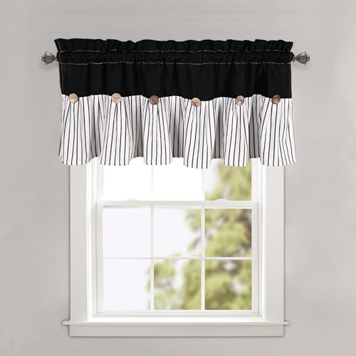 DOSLY IDÉES Farmhouse Rustic Black Cotton Valance, Black Striped Pleated Design with Coconut Buttons, Multi-Room Window Treatment for Kitchen Living Room Bedroom, 52" W x 18" L - color: Black & Black Stripede, size: 52"W x 18"L (Pack of 1)