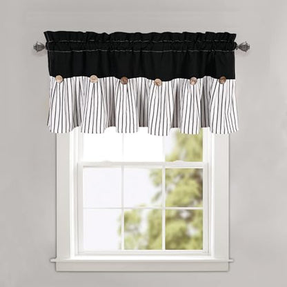 DOSLY IDÉES Farmhouse Rustic Black Cotton Valance, Black Striped Pleated Design with Coconut Buttons, Multi-Room Window Treatment for Kitchen Living Room Bedroom, 52" W x 18" L - color: Black & Black Stripede, size: 52"W x 18"L (Pack of 1)