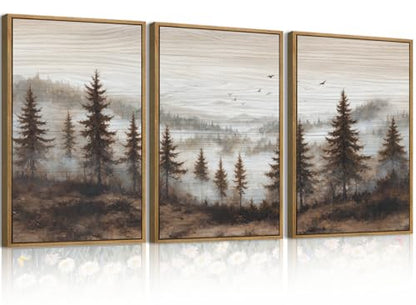 Aurlan Large Foggy Pine Tree Mountain Framed Canvas Wall Art Set-24"x36"x3 - color: Foggy Landscape Wall Art, size: 24"L x 36"W