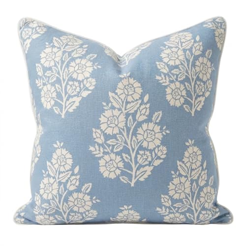 Jillien Harbor "The Hazel Bright Blue White Floral Pillow Cover Grandmillennial Home Decor Blockprint Pillow Cover 20" x 20" - color: The Hazel
