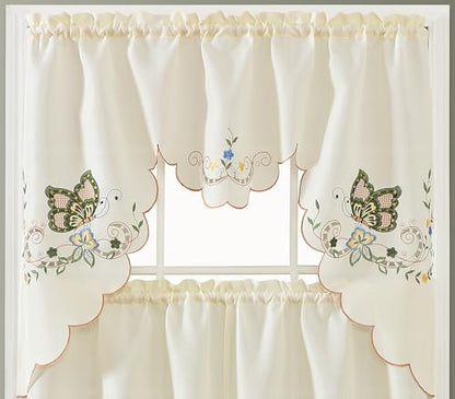 GOHD Dancing Butterfly. 3pcs Multi-Color Embroidery Cafe Curtain Set/Swag & Tiers Set with cutworks. Window Treatment Set for Small Windows. (SAGE Green) - color: Sage Green