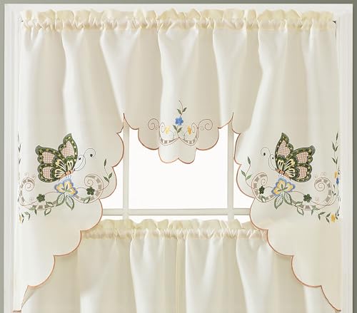GOHD Dancing Butterfly. 3pcs Multi-Color Embroidery Cafe Curtain Set/Swag & Tiers Set with cutworks. Window Treatment Set for Small Windows. (SAGE Green) - color: Sage Green