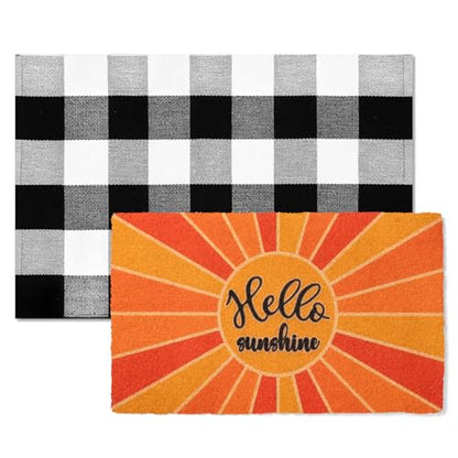2-Piece Layered Welcome Mat Set - Coir Doormat & Buffalo Plaid Rug - color: Yellow Sunshine