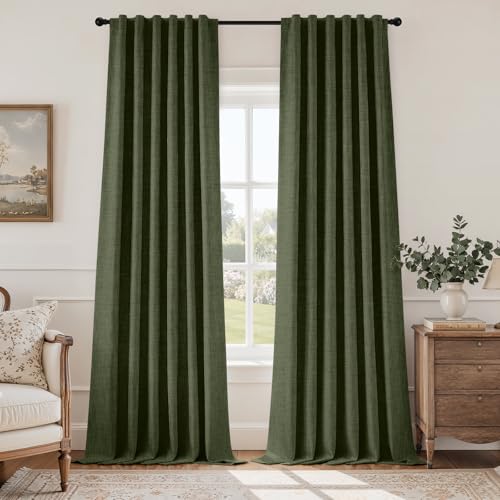 HOMEIDEAS 100% Blackout Olive Green Faux Linen Curtains 96''L 2 Panels - color: Olive Green, size: 52"W x 96"L (Pack of 2)