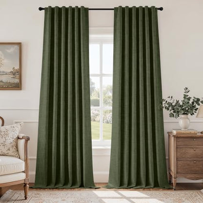 HOMEIDEAS 100% Blackout Olive Green Faux Linen Curtains 96''L 2 Panels - color: Olive Green, size: 52"W x 96"L (Pack of 2)