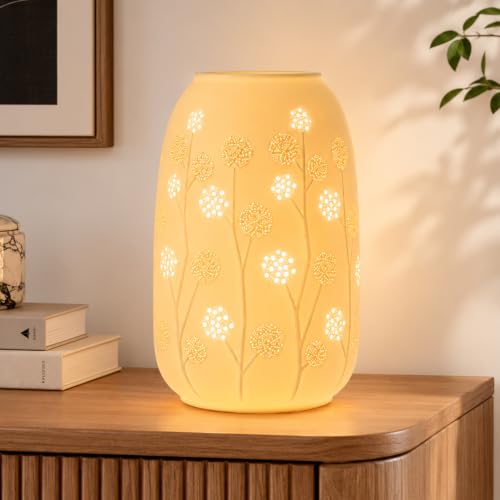 TACAHE Ceramic Vase Table Lamp - 2700K Bulb & 3 Artificial Flowers Included - style: Dandelion
