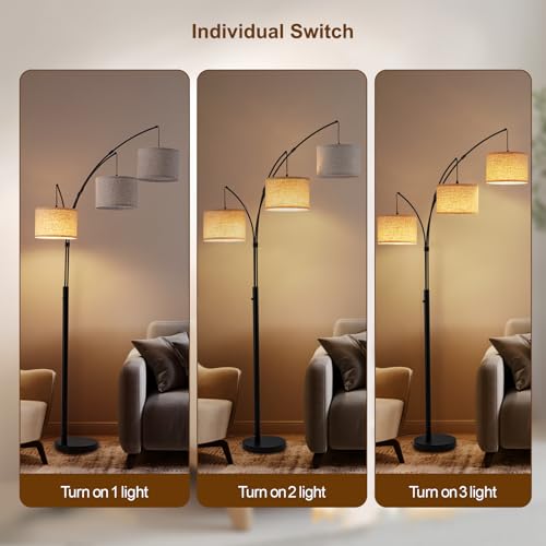 3 Light Arc Floor Lamp with Remote, Beige Shade Black Pole - color: Black-Beige Shade, size: 3