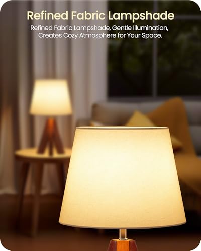 Small Tripod Table Lamps Set of 2, Modern Nightstand Lamp with Fabric Shade, Boho Bedside Wood Desk Light for Bedroom, Kids Room, Living Room, Office, Study, Dark Wood and White, LW51TLP205 - color: 2Pack White+Pearwood