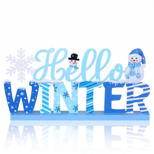 MiniInflat Hello Winter Table Decor Winter Metal Table Sign Christmas Blue Snowman Snowflake Decor with Wood Base for Wonderland Decorations Xmas Home Tiered Tray Mantel Tabletop Centerpiece - style: Hello Winter