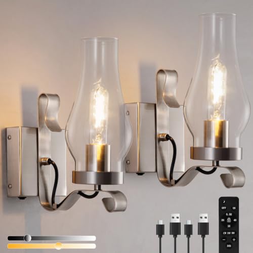 Vintage Battery Operated Wall Sconces Set of 2, Rustic Wall Lights - color: Nickel Sand
