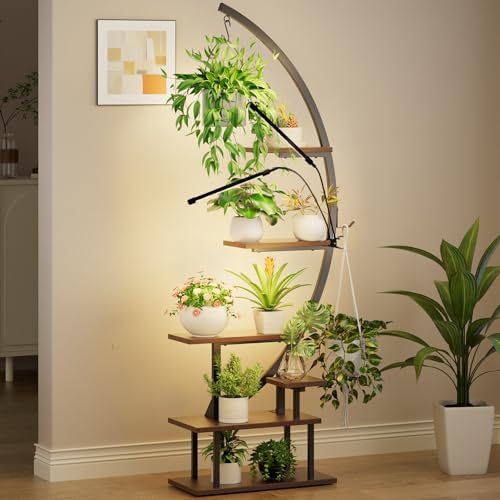 GREENSTELL Plant Stand Indoor with Grow Lights, 7-Tiered Tall Metal Plant Stand for Indoor Plants, Half-Moon Shape Display Shelf for Home,Living Room, Patio, Brown (1 Pack) - color: Brown
