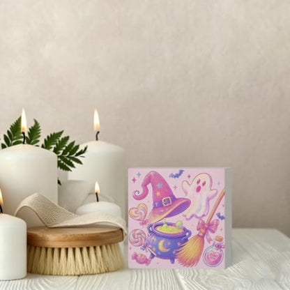Pastel Pink Halloween Witchy Ghost Wooden Box Sign Desk Decor - color: Pink Halloween