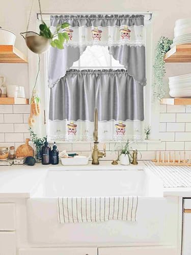 Generic 3-Piece Set Embroidered Window Curtain 2 Panels 1 Valance for Kitchen Restaurant Bar BR (Silver BR-48) - color: Silver Br-48