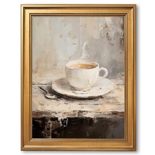 EQUEEN Vintage Coffee Cup Poster Kitchen Wall Art Farmhouse Wall Decor Rustic Painting Canvas Print For Kitchen Dining Room12x16inch Golden frame - color: style-1, size: 12"L x 16"W