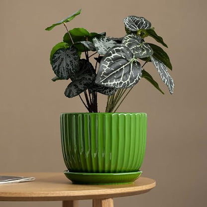 Green Plant Pots,Ceramic Planters with Drainage Holes & Saucers Set of 3 - color: Green