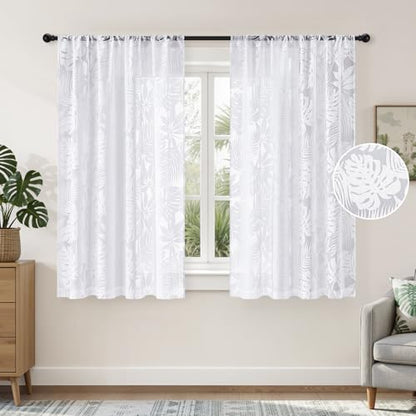 HOMEIDEAS White Semi Sheer Curtains Tropical Monstera Palm, 52 X 63 Inch - color: White - Monstera Palm Leaf, size: 52"W x 63"L (Pack of 2)