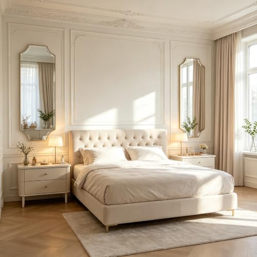 POZINO 48"x18" Premium Brushed Gold Rectangle Wall Mirror with Beveled Edge - color: Brushed Gold Scalloped, size: 48"L x 18"W