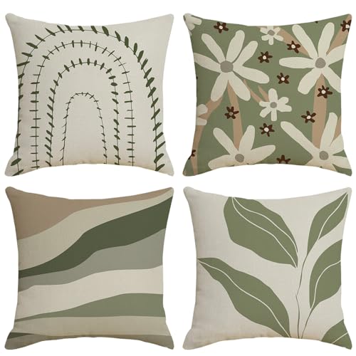 IcosaMro Boho Throw Pillow Covers 18x18 Set of 4 Sage Green Floral Leaves Cotton Linen Throw Pillow Case Fresh Decorative Cushion Cover for Couch Beadroom Sofa - color: Sage Green Floral