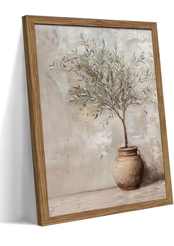 Vintage Olive Tree Framed Wall Art Prints, Modern Farmhouse Botanical Canvas, Rustic Potted Plant Paintings Wall Decor, Home Decor Aesthetic Pictures for Living Room Bedroom – 12x16 inch - color: Flowerpot, size: 16"L x 12"W