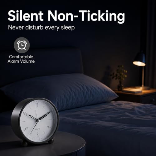 JALL Analog Alarm Clock, 4 inch Super Silent Non Ticking Small Clock with Night Light, Battery Operated, Simple Design, Old Fashioned Style Black Decor, for Bedroom, Bedside, Desk, Adult, Gift, Black - color: Black