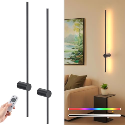 NIORSUN 35.4 Inch Battery Operated Wall Sconce Set of 2,Black Minimalist Rechargeable LED Wall Lights with Remote, 10 Colors Dimmable Wireless Wall Sconce for Living Room Bedroom Hallway - color: Black, size: 35.4 Inch