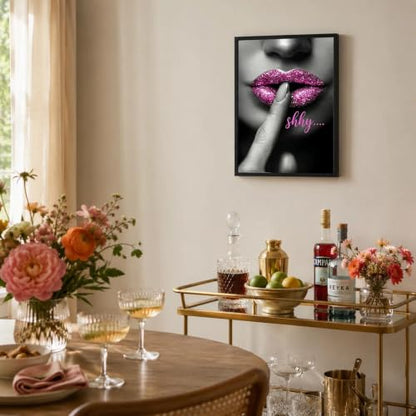 Black Framed Pink Lips Wall Art, Glam Pictures Wall Decor, 12x16 in - color: Pink-Shhy