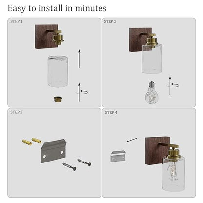 Rayogale Wireless Battery Operated Wall Sconce Set of 2 with Remote Control | Gold & Walnut Dimmable Rechargeable Wall Lights with Timer, Easy Install Glass Lamp for Living Room Bedroom, Emergency 3000K - color: Gold Walnut(Clear Lampshades)