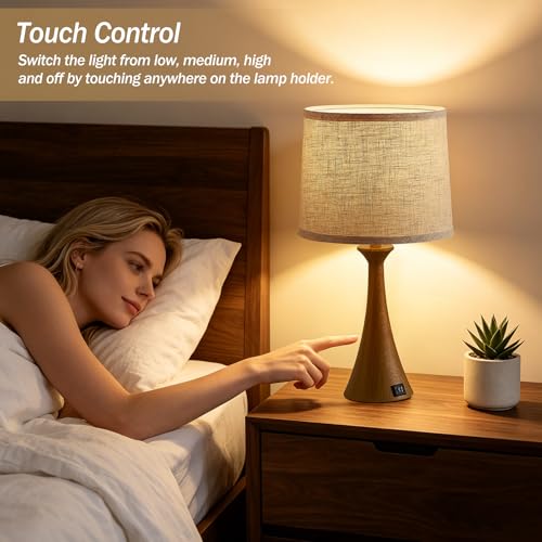 Touch Table Lamps Set of 2, 21" Bedside Lamps with USB C+A - color: Wood Grain