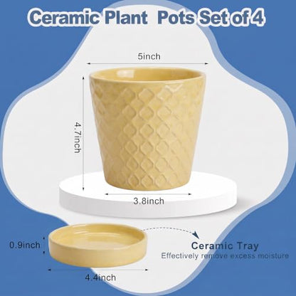 EFISPSS Ceramic Plant Pots, 5 Inch Planters with Drainage Holes and Ceramic Tray, Relief Design Flower Planter, Desktop Office Windowsill Decoration Gift Set of 4 - Lemon Yellow - color: Lemon Yellow