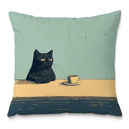 Black Cat Throw Pillow Covers 18x18, Aesthetic Black Cat Art Painting Decor Pillow Covers, Vintage Cats Drinking Coffee Decor for Room Bedroom - color: Style01