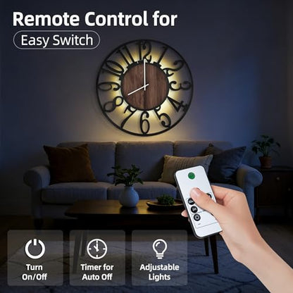 32" Silent Large Wall Clock – Adjustable Night Light, Battery Operated - color: Black Walnut - Arabic Numerals, size: 32 inch(80 cm)