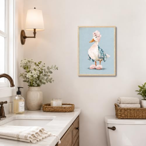 Framed Funny Duck Bathroom Wall Art, Cute Goose in Bathrobe Canvas Print - color: KJSM-06 Framed, size: 16"L x 12"W